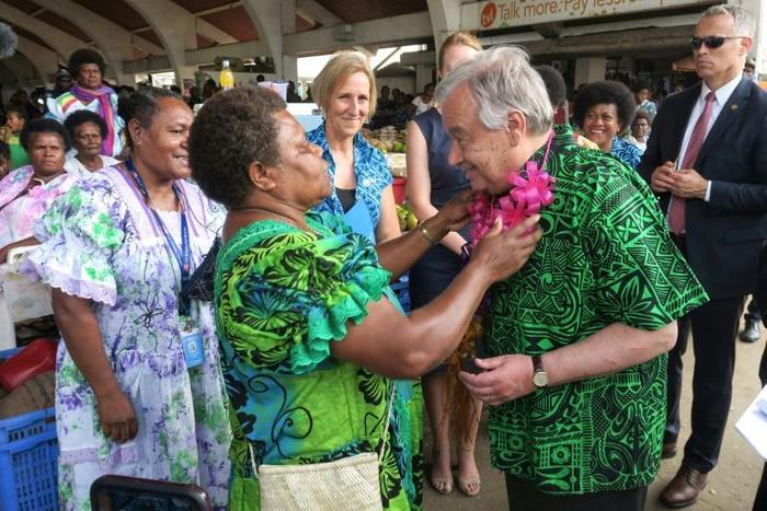 In May 2019, the UN chief Antonio Guterres (R) met with female vendors at a market setup to empower women in Port Vila,  Vanuatu
