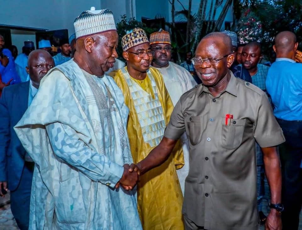 All Progressives Congress (APC) National Chairman, Comrade Adams Oshiomhole and Kano state governor, Abdullahi Umar Ganduje. [Twitter/@ShuwakiYusuf]