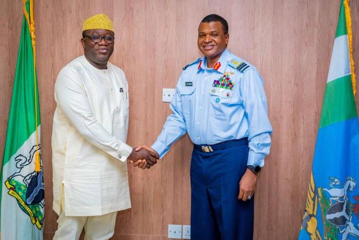 The Chief of Air Staff (CAS), Air Marshal Sadique Abubakar receives Governor Kayode Fayemi of Ekiti state in his office in Abuja. [Twitter/@ekitistategov]