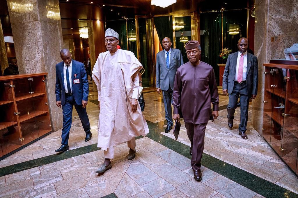 President Muhammadu Buhari and Vice President Yemi Osinbajo receive the APC National Working Committee in Aso Rock [Twitter/@NGRPresident]