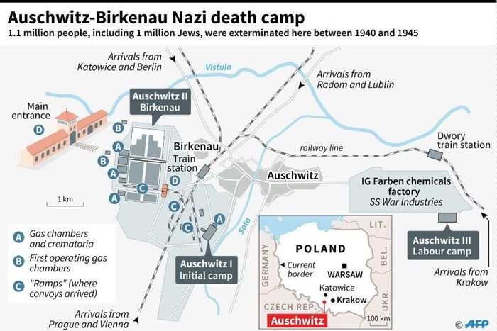 Map of the Auschwitz-Birkenau Nazi death camp as it was in 1944 in Poland. Over a million Jews were exterminated in the camp by the Nazis between 1940 and 1945