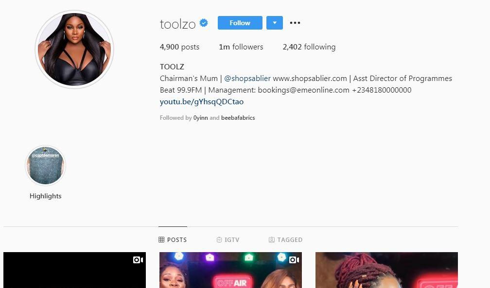 Toolz has sparked off rumours of cracks in her marriage with Captain Segun Demuren after she yanked off his name from her Instagram profile. [Instagram/Toolz]