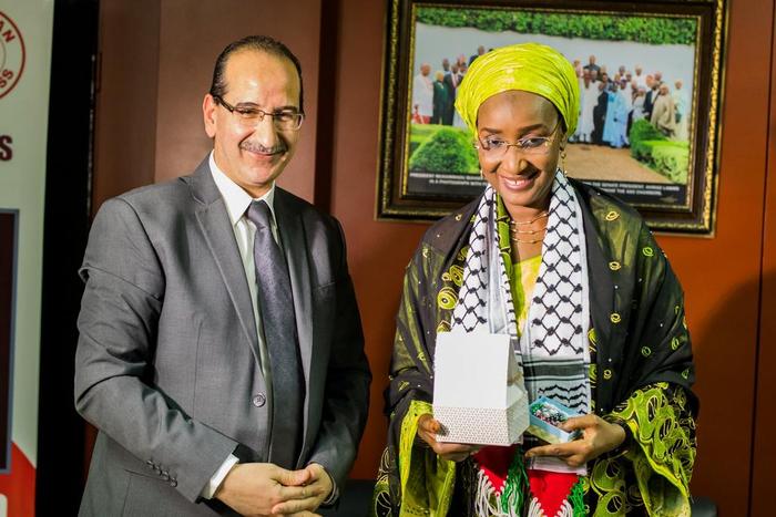 Minister of Humanitarian Affairs, Disaster Management and Social Development, Hajiya Sadiya Umar Farouq with the Palestinian Ambassador to Nigeria, Saheh Fhied. [Twitter/@Sadiya_farouq]