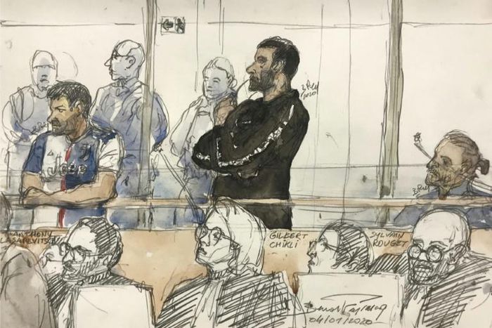 Gilbert Chikli, centre, and Anthony Lasarevitsch, left,  are charged with organised fraud and usurping a person's identity