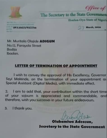 A copy of the termination of appointment letter (Twitter/@Ondofirstborn)