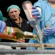 A supervisor looks on as workers empty bottles of the adulterated vodka in the town of Vynnyky, western Ukraine