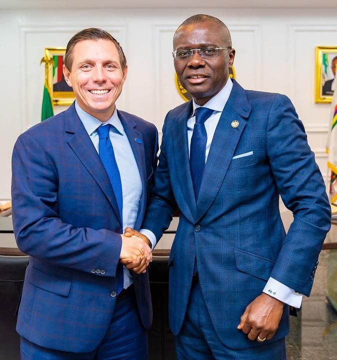 L-R: Mayor of Brampton, Canada, Mr Patrick Brown with Lagos State Governor, Mr Babajide Sanwo-Olu during a courtesy visit to the Governor at Lagos House, Alausa, Ikeja, on Tuesday, Feb. 11, 2020.(NAN)