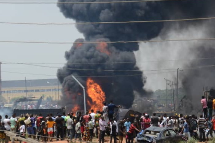 Fire explosion rocks Abule Ado area of Lagos on Sunday morning. (Punch)