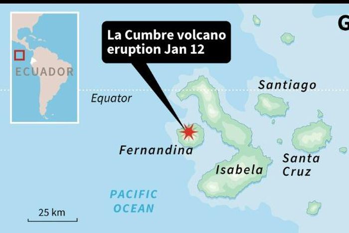 Map of the Galapagos islands locating La Cumbre volcano which erupted on January 12