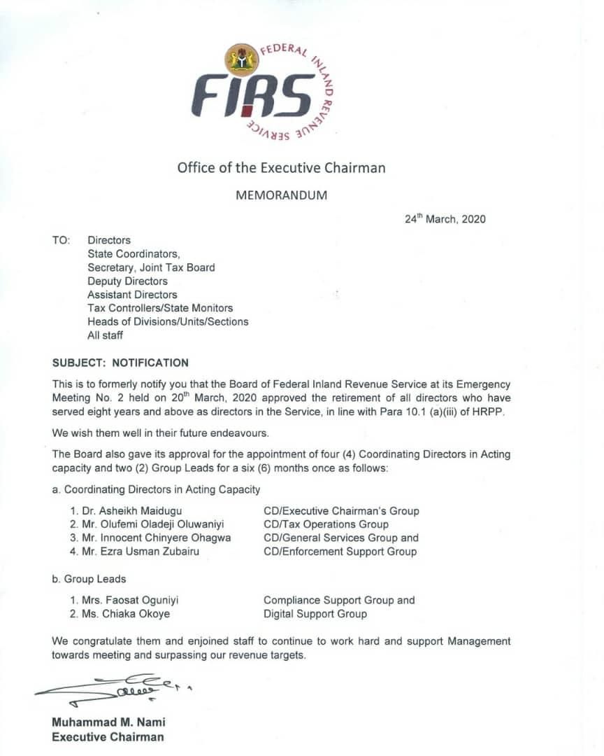 FIRS letter from Nami announcing retirement of top directors (Pulse)