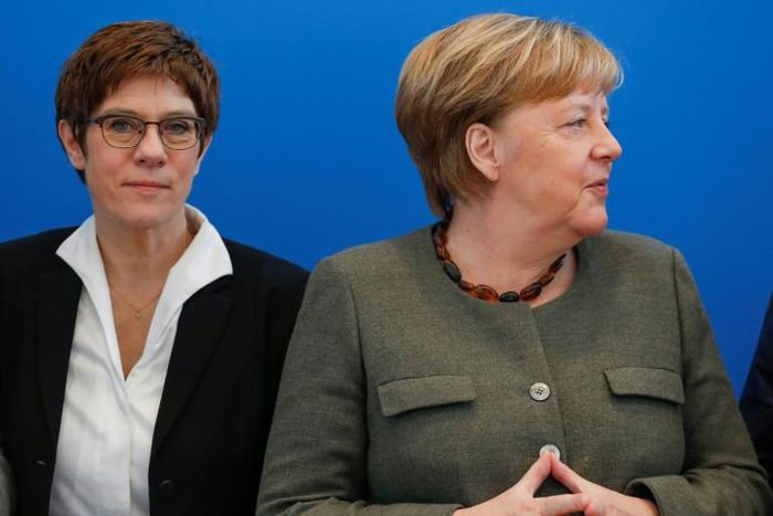 Annegret Kramp-Karrenbauer (l) was designated successor to German Chancellor Angela Merkel before their CDU party unleashed an earthquake in national politics by voting with the far-right AfD