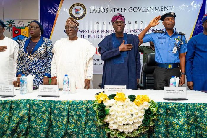 Governor Babajide Sanwo-Olu of Lagos State, Inspector General of Police, and representatives of other South-West governors at a meeting on Operation Amotekun in Lagos on Thursday, Feb 13, 2020.