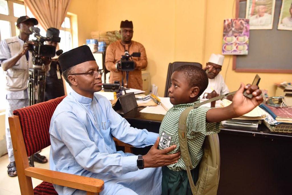 Governor Nasir El-Rufai of Kaduna State in Capital School, Malali, Kaduna, a public school, to enrol their six-year old son Abubakar El-Rufai into a primary school.  [Twitter/GovKaduna]