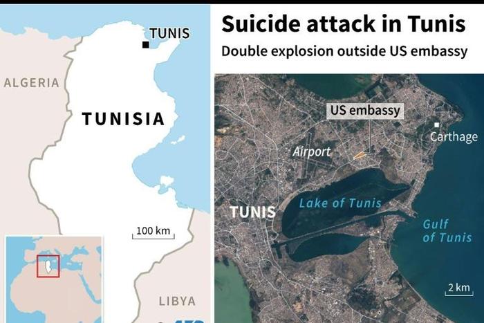 Map of central Tunis locating double explosion outside US embassy