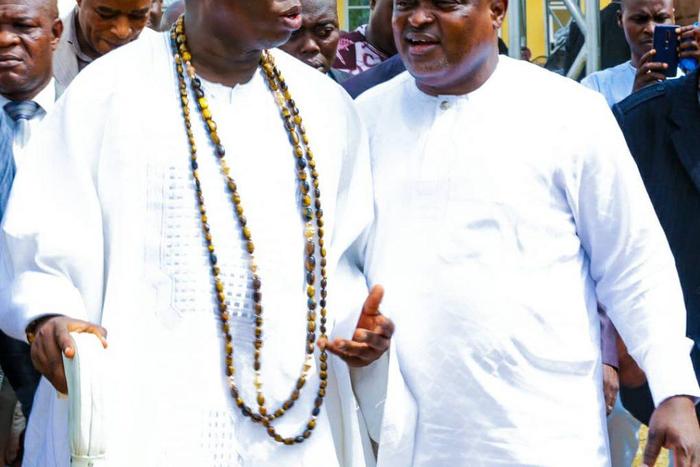 L-RL-R: Iba Gani Adams, Aare Ona Kakanfo of Yoruba land and Speaker, Lagos State House of Assembly, Mudashiru Obasa at the Public Hearing on ‘Amotekun’ on Monday in Ikeja. [NAN]