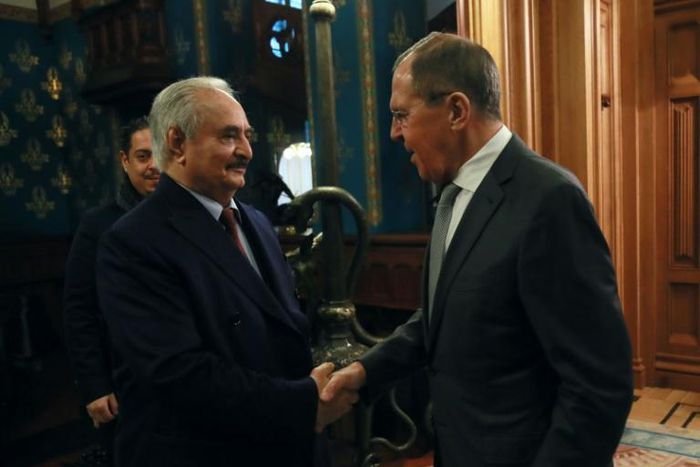 Russian Foreign Minister Sergei Lavrov welcomes Libya's military strongman Khalifa Haftar in Moscow