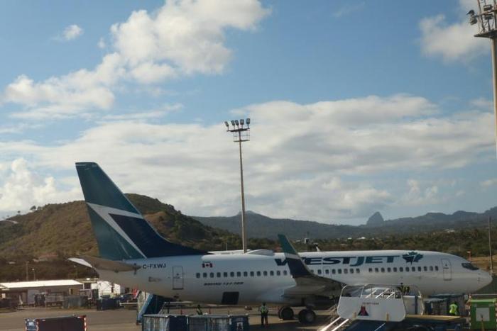 A Canadian Westjet airline jet parked at Hewanorra International Airport, St Lucia, on February 3, 2019.