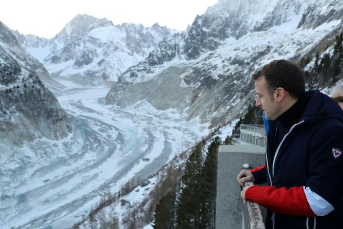 French president Emmanuel Macron urges action to curb global warming  as he visits the 'Mer de Glace' glacier which has retreated some two kilometres since 1850.