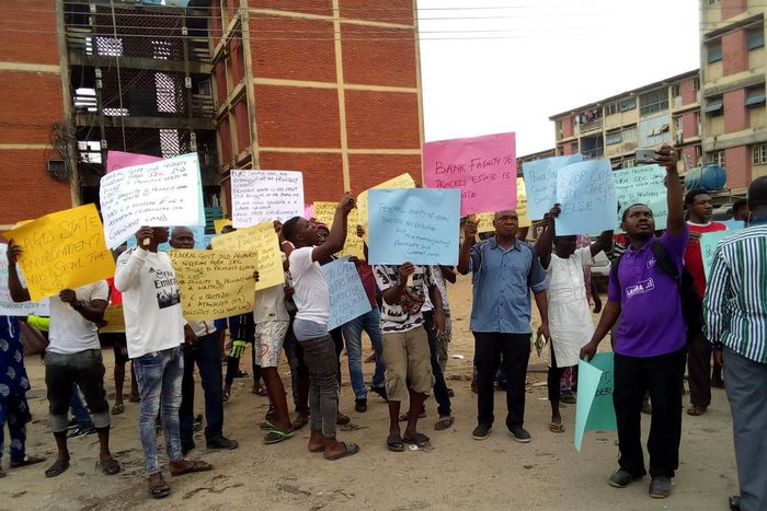 Protesters at Games Village on Monday in Lagos (NAN)