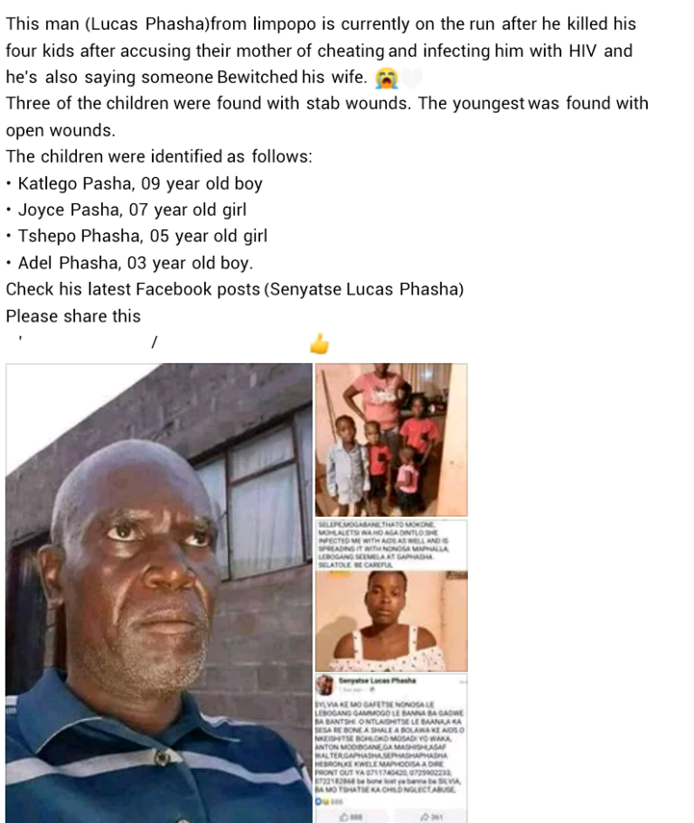 Man stabs his 4 children to death, claiming their mom had cheated and infected him with HIV