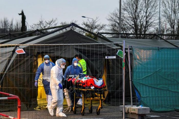 The French military set up a field hospital in Mulhouse to ease the burden on nearby hospitals