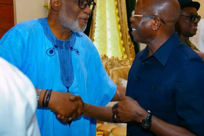 Ondo state governor, Rotimi Akeredolu and APC National Chairman, Adams Oshiomhole. [Twitter/@RotimiAkeredolu]