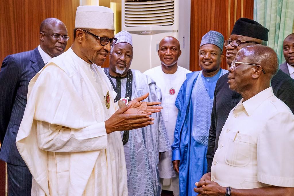 In the photo: The Minister of State for Petroleum Resources, Mr Timipre Sylva, governor Atiku Bagudu of Kebbi state, Mohammed Badaru of Jigawa state, Bayelsa governor-elect, David Lyon, President Muhammadu Buhari, APC National Chairman, Adams Oshiomhol...