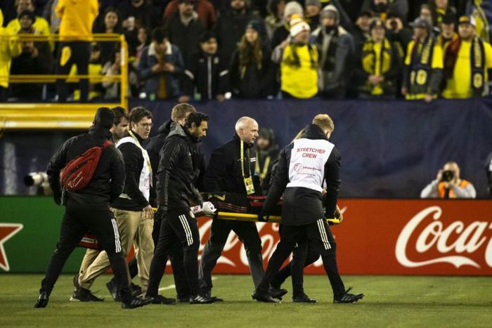 Injury blow: Josef Martinez of Atlanta United is stretchered off with a knee injury in the team's Major League Soccer season-opener against Nashville SC