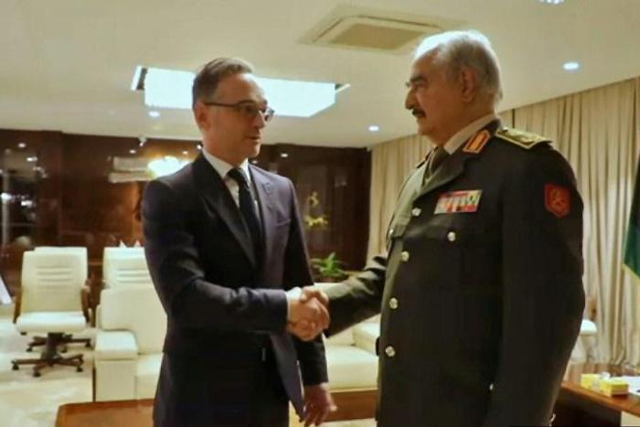 Libyan strongman Khalifa Haftar greets German Foreign Minister Heiko Maas in his eastern stronghold Benghazi