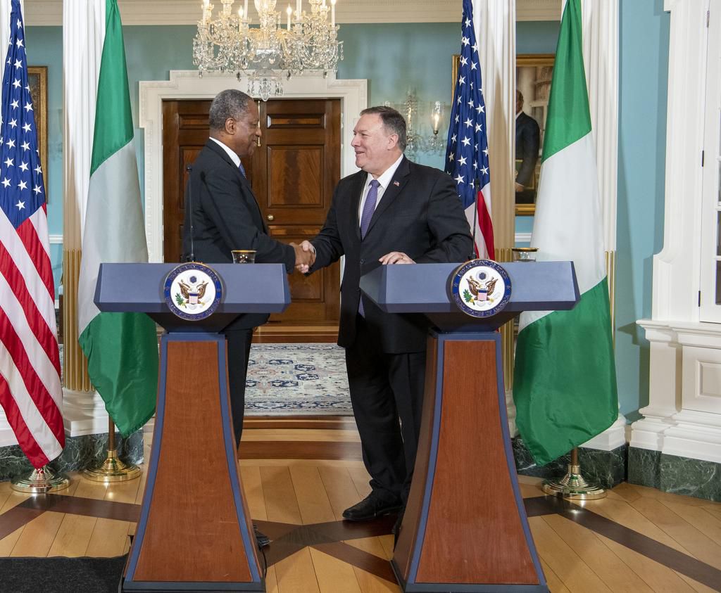 Minister of Foreign Affairs, Mr Geoffrey Onyeama (left), with the U.S. Secretary of State, Mr Mike Pompeo, at the press briefing on Tuesday. [Twitter/@SecPompeo]