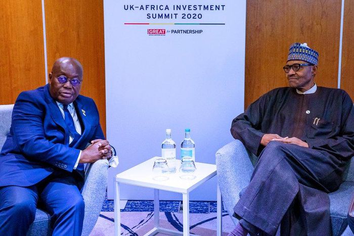 Akufo-Addo and Buhari at the UK-Africa summit in London. Photo by @BashirAhmaad