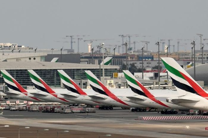 Emirates aircraft grounded at Dubai international Airport after the carrier suspended all passenger operations amid the COVID-19 coronavirus pandemic