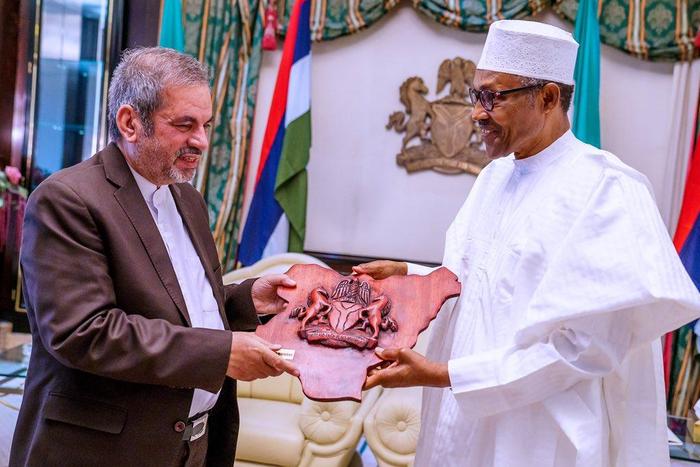 President Muhammadu Buhari with the outgoing Iranian Ambassador, Morteza Rahimi Zarchi, at the State House, Abuja. [Twitter@BashirAhmaad]
