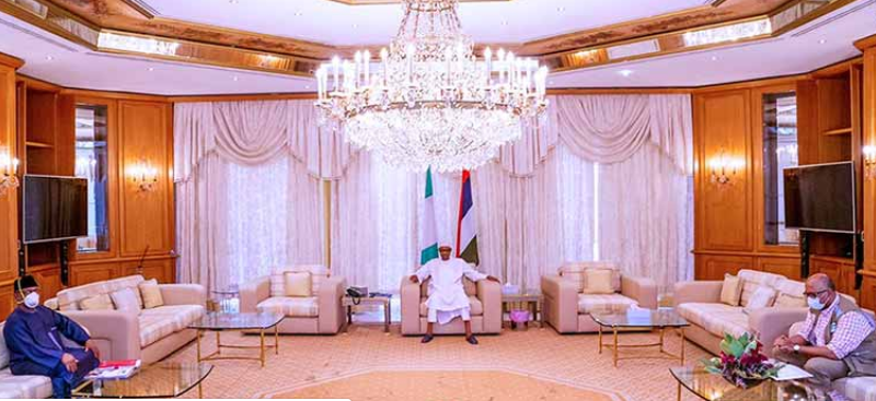 President Muhammadu Buhari meets Health Minister, Dr Osagie Ehanire and the Director General, Nigeria Centre for Disease Control, Chikwe Ihekweazu at the State House on Saturday, March 28, 2020.  (Presidency)