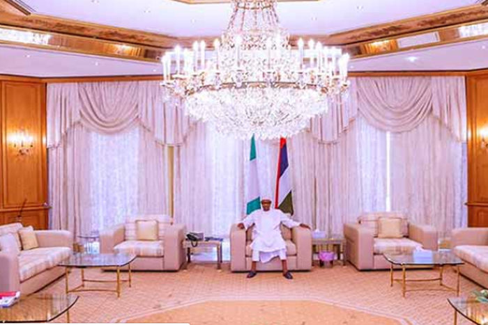 President Muhammadu Buhari meets Health Minister, Dr Osagie Ehanire and the Director General, Nigeria Centre for Disease Control, Chikwe Ihekweazu at the State House on Saturday, March 28, 2020.  (Presidency)