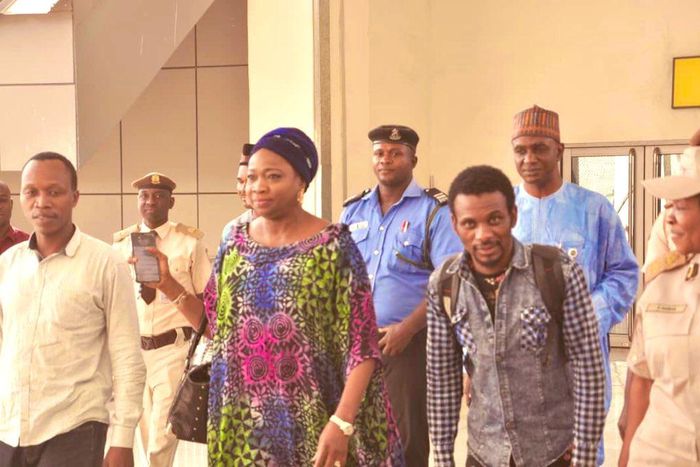 Chairman/CEO of NIDCOM, Hon. Abike Dabiri-Erewa and the two rescued Nigerians. (NIDCOM)