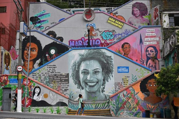 Slain Rio de Janeiro council woman, Marielle Franco, depicted in a mural on a  street in Sao Paulo, Brazil