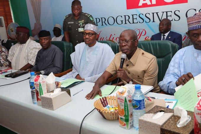 President Muhammadu Buhari and APC National Chairman, Adams Oshiomhole