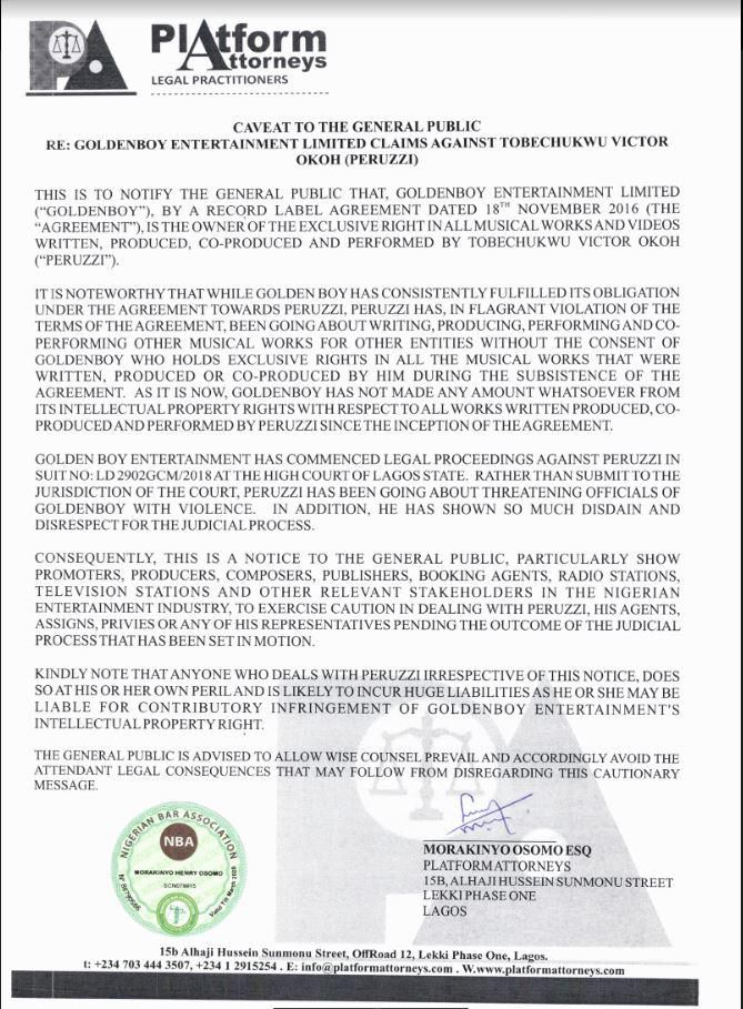 Caveat  by Golden Boy Entertainment and Platform Attorneys. (Pulse Nigeria)