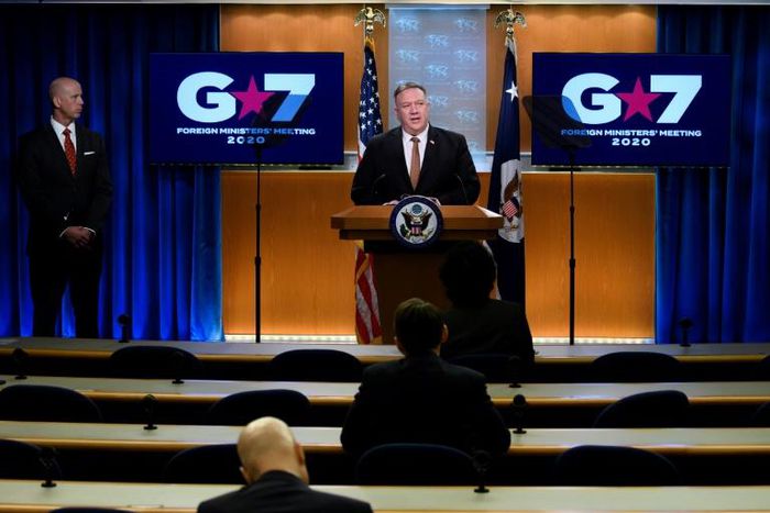 US Secretary of State Mike Pompeo speaks after virtual Group of Seven talks to journalists, who are spaced out in line with COVID-19 precautions