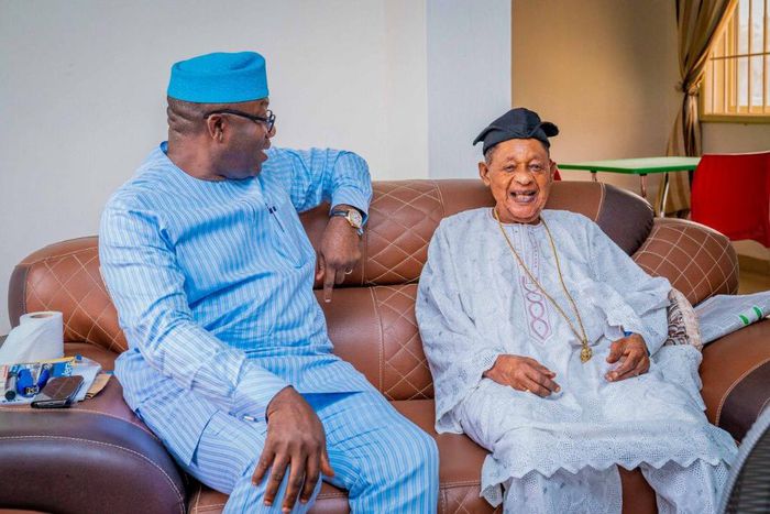 Governor Kayode Fayemi of Ekiti State pays a visit to the Alaafin of Oyo, Oba Lamidi Adeyemi (Ekiti State Govt)