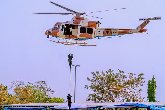 President Muhammadu Buhari thanks Nigerians as he unveils 2X Agusta 109P Gunship and Mi-17 1E Medium Lift Helicopters into the service of the Nigerian Air Force. [Twitter/@BashirAhmaad]