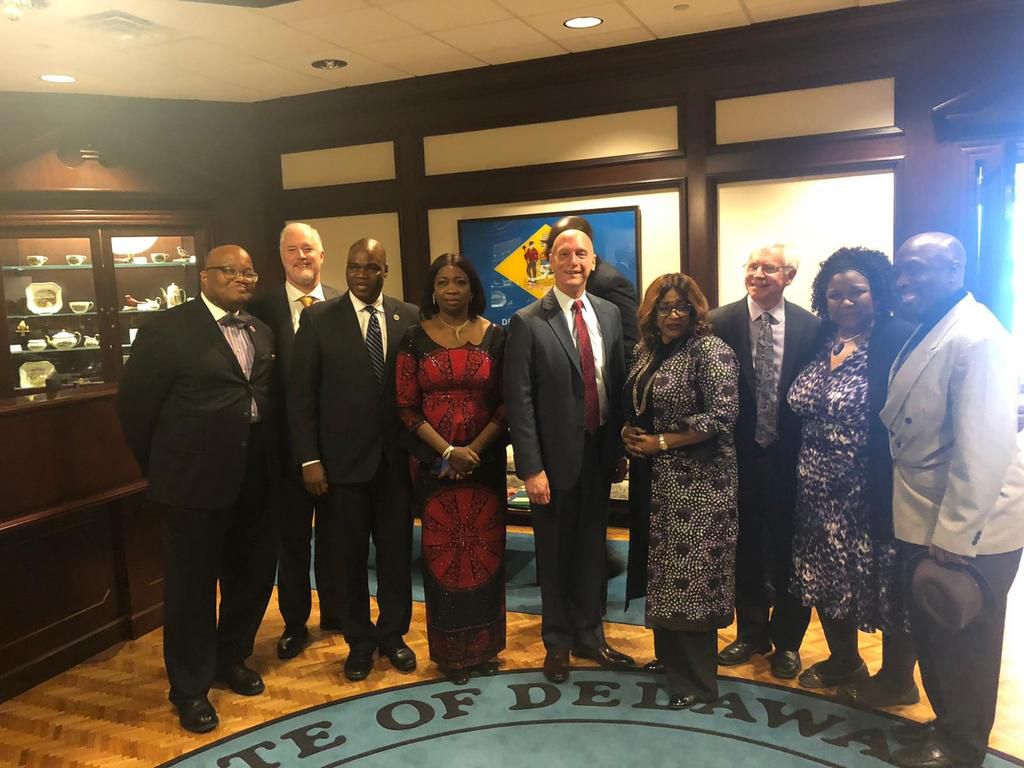 The Chairman/CEO of Nigerians in Diaspora Commission, Hon. Abike Dabiri-Erewa and the Chairman, House Committee on Diaspora, Hon Tolulope Akande-Sadipe discussing issues relating to Nigerian Diasporans with John Carney DE, Lt Governor DE, and Mike Purz...