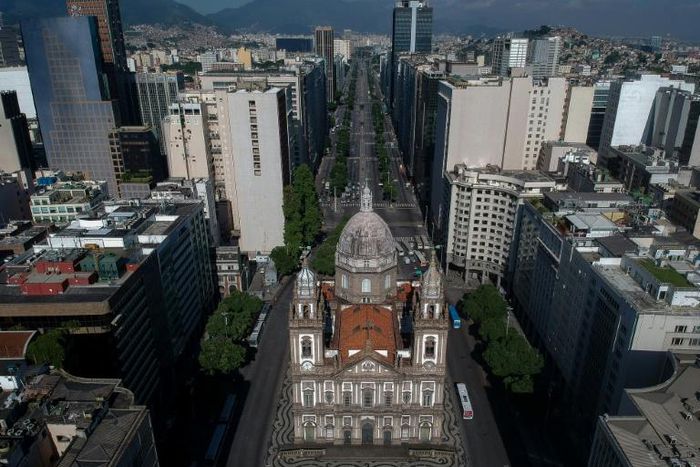Aerial view of the Candelaria church and the empty Presidente Vargas avenue in downtown Rio de Janeiro, Brazil on March 25, 2020, during the outbreak of the new coronavirus