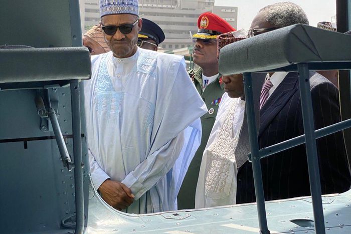 President Muhammadu Buhari thanks Nigerians as he unveils 2X Agusta 109P Gunship and Mi-17 1E Medium Lift Helicopters into the service of the Nigerian Air Force. [Twitter/@BashirAhmaad]
