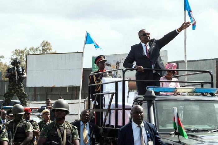 Malawi President Peter Mutharika  waving to supporters following last May's election, annulled Monday