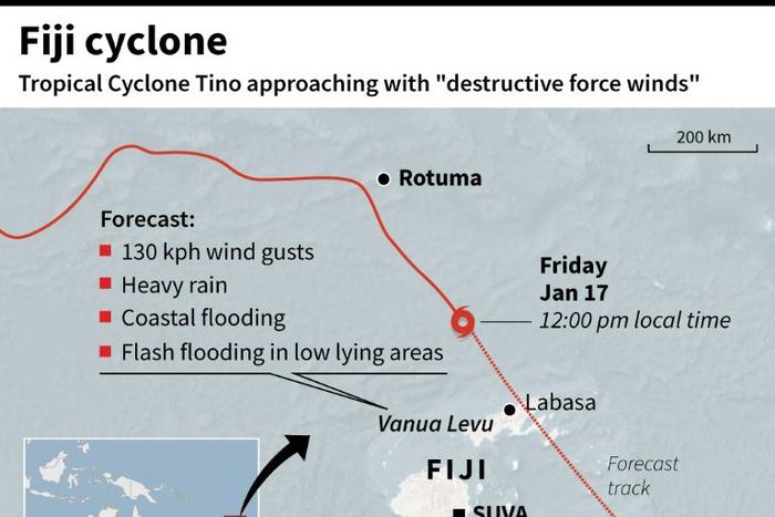 Map showing Fiji and the path of Tropical Cyclone Tino