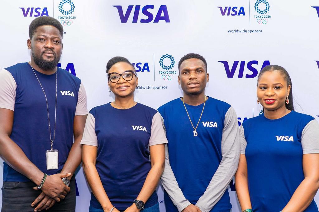 L-R: Niyi Adebiyi, Director, Corporate Communications, Visa West Africa; Kemi Okusanya, Country Manager and Vice President, Visa West Africa; Divine Oduduru, Nigerian track and field athlete and Seun Adaramola, Director, Marketing, Visa West Africa at ...