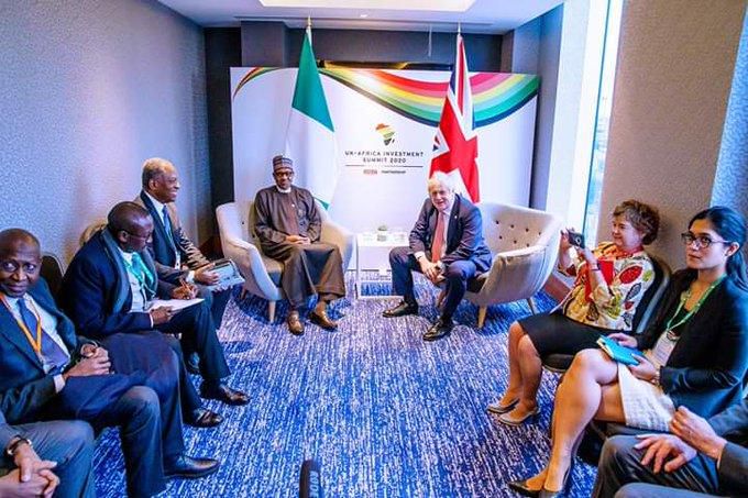 President Muhammadu Buhari in Bilateral Meeting with UK Prime Minister Boris Johnson at the sidelines of the Uk-Africa Summit on 20th Jan 2020. (Twitter @NumberDaya)