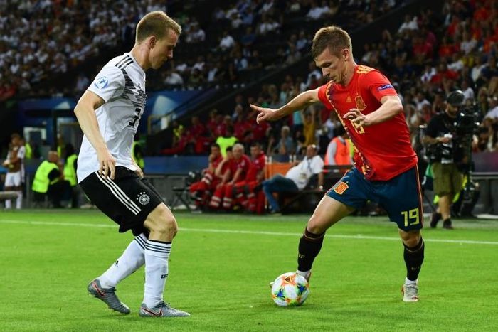 Spanish forward Dani Olmo (R), pictured in the U21 European Football Championships final against Germany last year